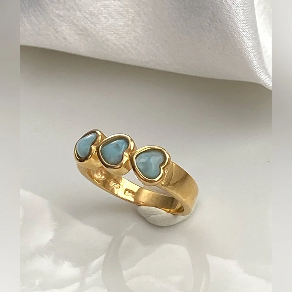 R45-High Quality Natural Caribbean Larimar 3 Hearts S925 Ring Size 8 - Picture 4 of 7